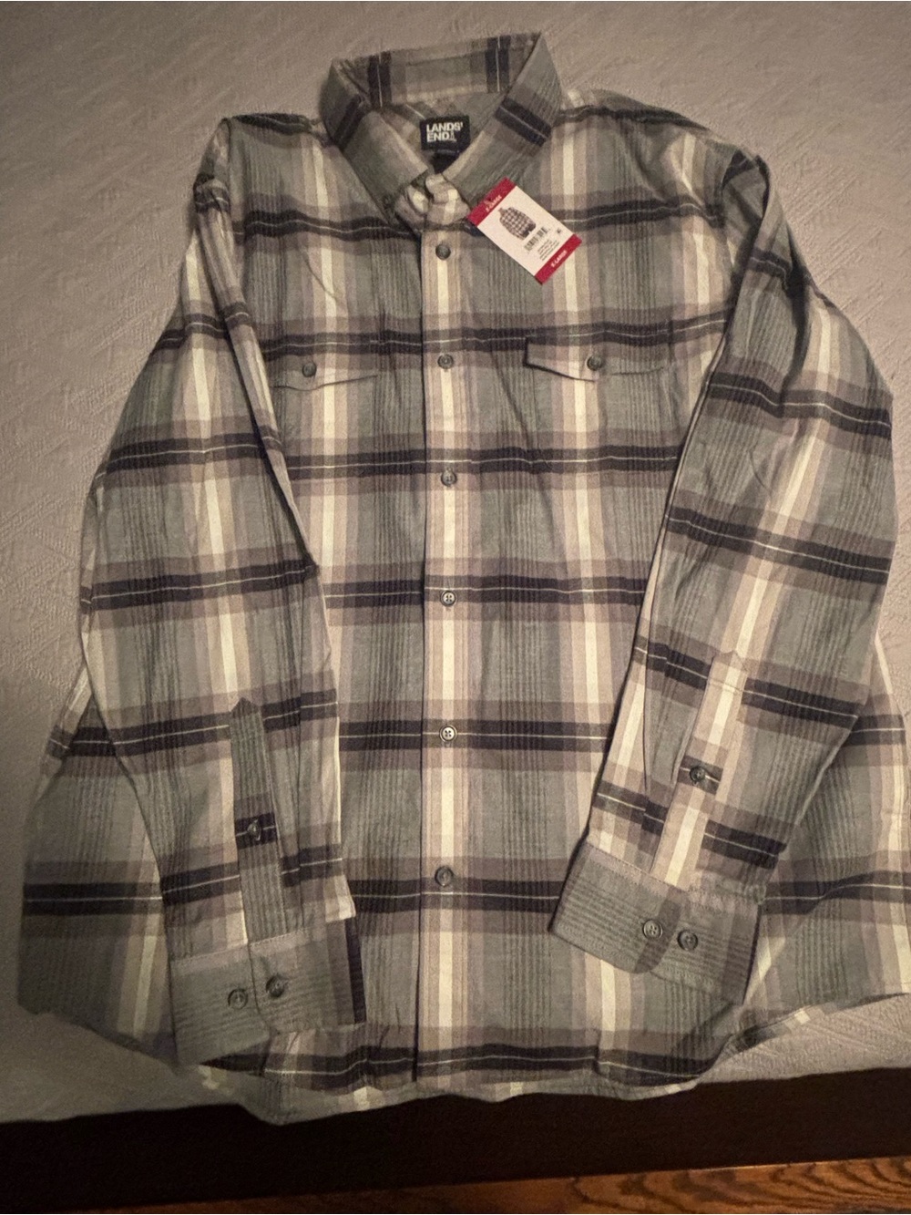 Lands' End Men's Gray and White Plaid Button-Down Shirt